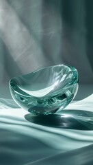 Floating curved diamond-shaped abstract object with smooth teal glass finish