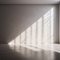 Brown beige wall and large window. Sunlight is streaming through window, casting long shadows on wall. Room is bright and airy, with clean, minimalist feel. Background for interior or product display