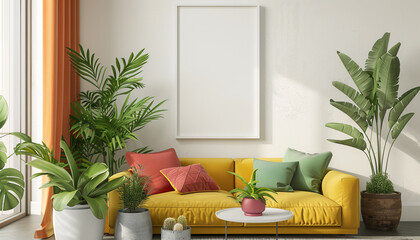 Bright living room with colorful sculptures with empty frame