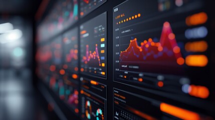 Naklejka premium Close-up view of a wall of data displays with charts and graphs in a modern office