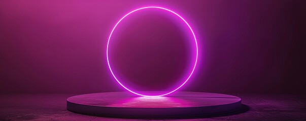 Glowing purple circle on pedestal in dark room with neon lighting and futuristic ambiance