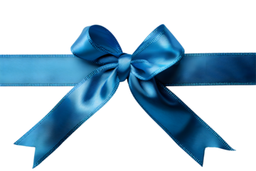 Festive blue silk, satin ribbon with bow decoration isolated on transparent background. PNG, cutout.