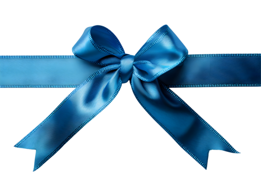 Festive blue silk, satin ribbon with bow decoration isolated on transparent background. PNG, cutout.