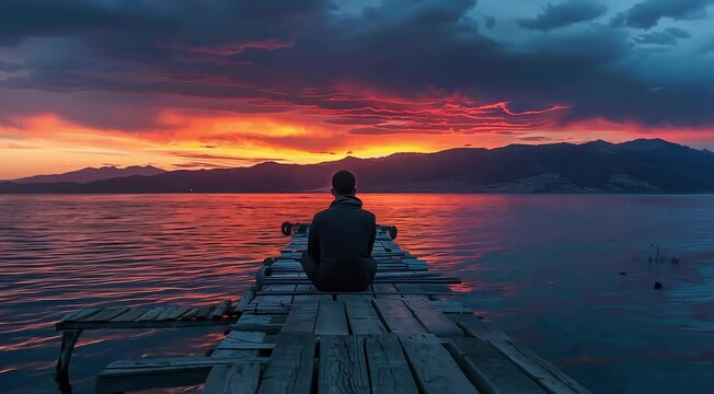 Rear View Of Young Refugee Man Sitting At The End Of Wooden Pier With Beautiful red Sunset In Lesbos Island, Greece, Lesvos