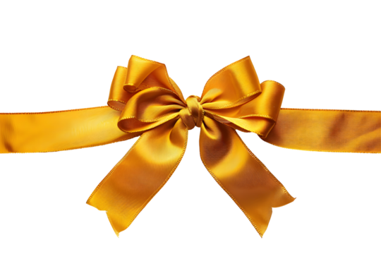 Festive gold silk, satin ribbon with bow decoration isolated on transparent background. PNG, cutout.