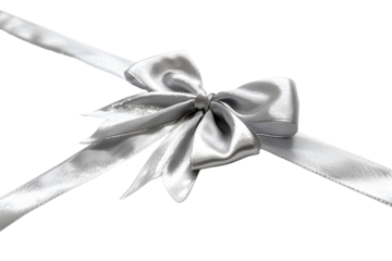 Festive silver silk, satin ribbon with bow decoration isolated on transparent background. PNG, cutout.