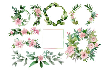 Naklejka premium Set of watercolor pastel floral frames, flowers and leaves, isolated on transparent background. Festive decoration illustration for wedding and greeting card, invitation, postcard. PNG, cutout.