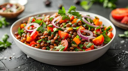 Colorful lentil salad with fresh vegetables served in a white dish on a dark surface