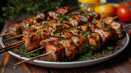 Grilled pork skewers with fresh herbs and citrus on rustic wooden table