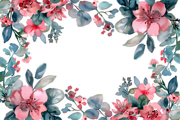 Watercolor floral frame border, pastel pink flowers and leaves, isolated on transparent background. Festive decoration illustration for wedding and greeting card, invitation, postcard. PNG, cutout.