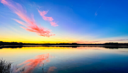 Obraz premium Serene Autumn River Lake Nature Landscape at Sunset with Golden Hues Reflecting in the Water and Crisp Cool Air
