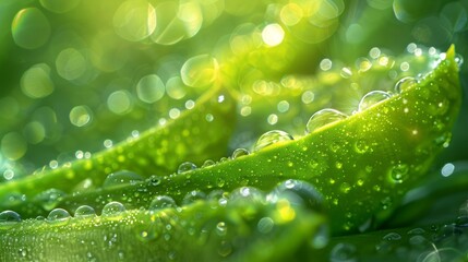Macro shot of aloe vera leaves with dew drops in morning light