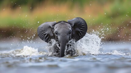 Young elephant splashing playfully in water during a sunny afternoon