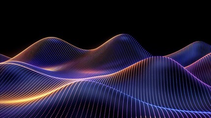 Futuristic digital landscape with glowing lines in blue and orange, representing interconnected cyberspace and technology, with peaks and valleys