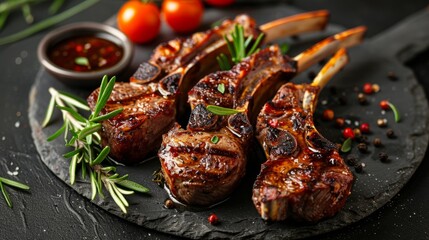 Barbecued lamb chops with herbs and cherry tomatoes on slate platter