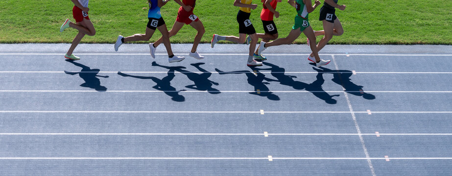 Group male athletes run middle distance race. Horizontal sport theme poster, greeting cards, headers, website and app