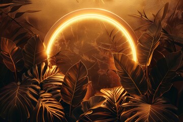 Golden glowing circle surrounded by tropical leaves on black background