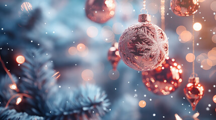 Abstract Christmas background, hanging snowflakes, glass balls and Christmas tree 