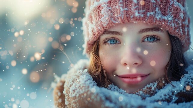 Joyful winter portrait of a smiling young woman in snowy landscape