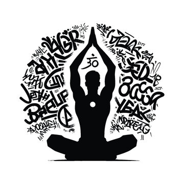 recommend clip art: Meditation, yoga male player in graffiti tags, street art pattern illustration, emblem shield badge