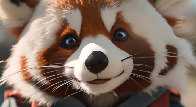 cute furry red panda face wearing jacket walking recording,4k,hd