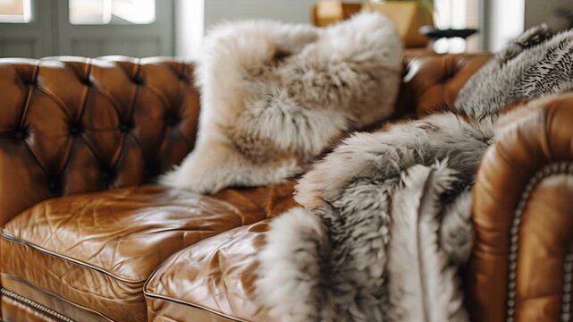 A rustic living area showcasing a leather sofa with a plush faux fur throw elegantly dd over the backrest.