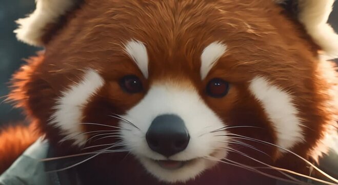 cute furry red panda face wearing jacket walking recording,4k,hd