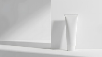 Minimalist White Cosmetics Bottle in Natural Light with Leaf Shadows - Clean and Elegant Product Photography  Minimalist White Spray Bottle on Pedestal with Palm Leaf Shadow