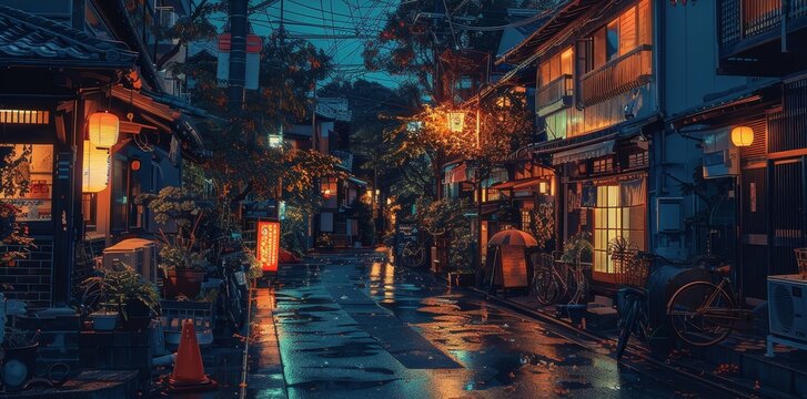 a beautiful japanese tokyo city town in the evening. houses at the street. anime comics artstyle. cozy lofi asian architecture. 16:9 4k resolution. Generative AI