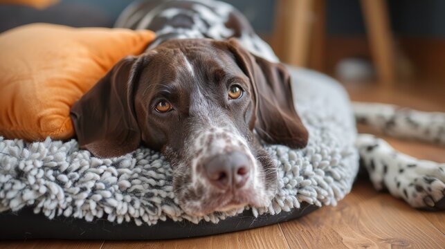 English pointer dog relaxing beside soft dog bed in cozy indoor space