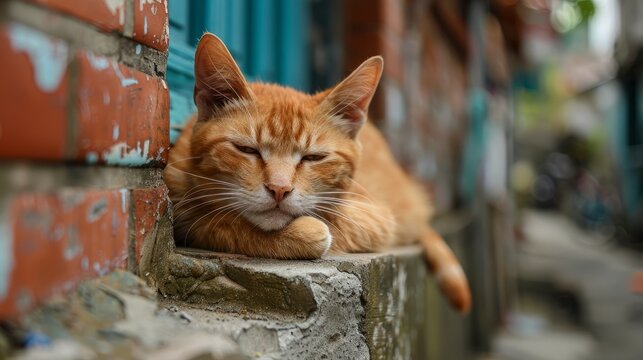 Relaxed cheung chau alley cat lounging on a wall in hong kong