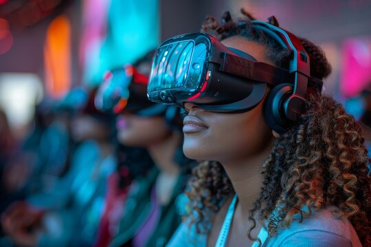 Students in a futuristic classroom using VR headsets and advanced tech devices, exploring interactive digital worlds and cutting-edge educational tools. Generative AI