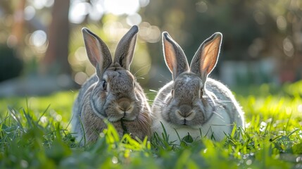 Obraz premium Adorable bunnies relaxing on green grass in a sunlit garden