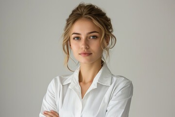 a portrait photo of a beautiful businesswoman lady in a white suit shirt having her arms folded and watching forward in the camera. white background. studio photography for ads. Generative AI