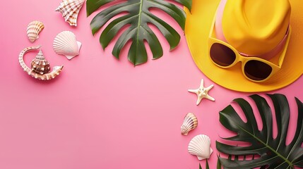 Obraz premium summer pink banner with yellow hat ,sunglasses,seashell and monstera leaf on pink background 