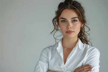a portrait photo of a beautiful businesswoman lady in a white suit shirt having her arms folded and watching forward in the camera. white background. studio photography for ads. Generative AI