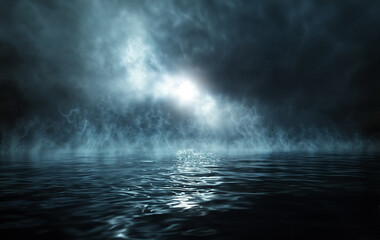 Spooky mist swirling above lake water