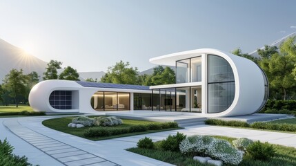 A futuristic home with solar panels on the roof and a lush garden on the terrace, with copy space, high-resolution photo, hyper realistic