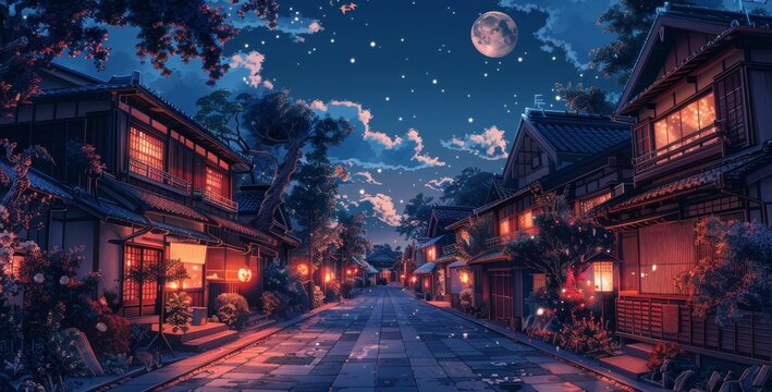 a beautiful japanese tokyo city town in the evening. houses at the street. anime comics artstyle. cozy lofi asian architecture. 16:9 4k resolution. Generative AI