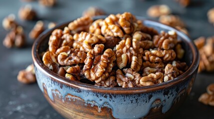 Obraz premium Crunchy walnuts in a decorative bowl on a dark surface