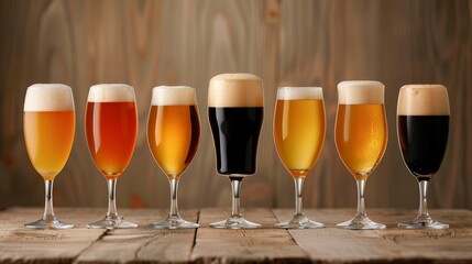 Cozy bar scene with six craft beer glasses, each displaying a different beer style from light to dark, rustic wooden table, soft ambient lighting