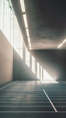 Obraz premium Spacious indoor sports facility with sunlight creating shadows on the floor and walls.