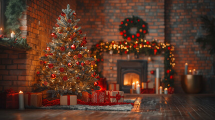 Christmas Tree with Decorations Near a Fireplace with Lights in living room , Beautiful Christmas gift boxes on floor near fir tree in room