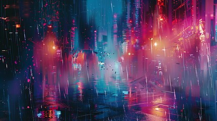 Digital rain with glitch effects and neon colors 