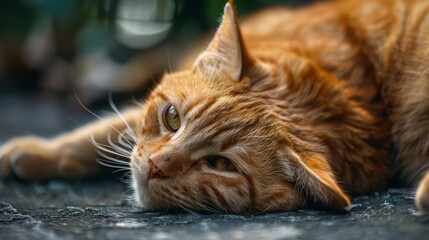 Golden eyed cat relaxing on a warm surface in a lush garden during late afternoon