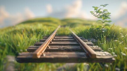 Fototapeta premium A floating train track with a landscape background and green grass