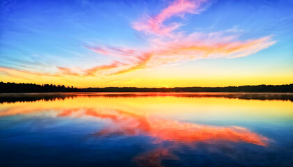 Naklejka premium Serene Autumn River Lake Nature Landscape at Sunset with Golden Hues Reflecting in the Water and Crisp Cool Air