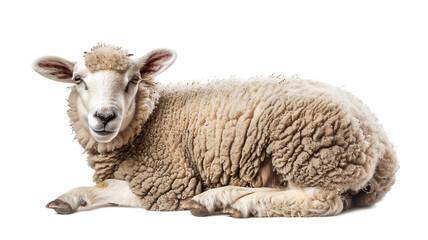 A cute adult sheep laying down with an isolated white background 
