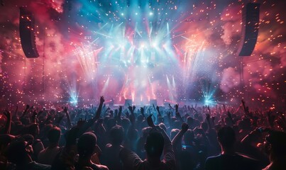 a huge crowd of people dancing on stage at a music concert with epic lights and fireworks on the arena stadium. alien galaxy performance. desktop wallpaper background, 16:9, 4k. Generative AI