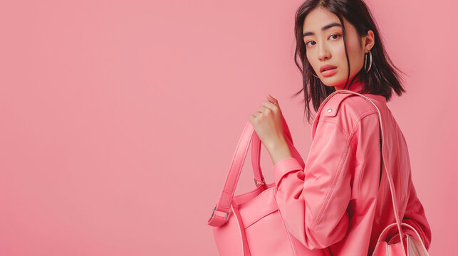 Present our fashionable handbag range, with an Asian girl holding a chic bag on a pastel pink background.